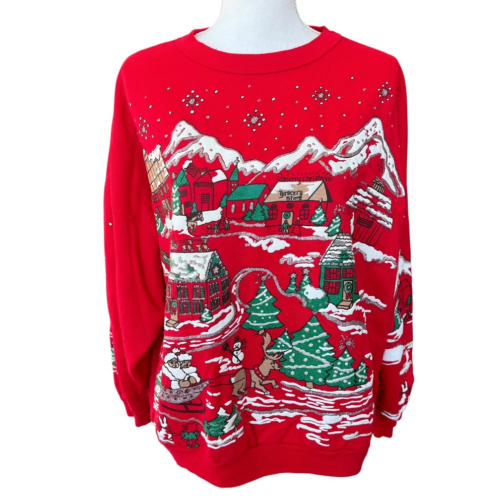 Vintage 1990 Nutcracker Christmas Sweatshirt Red Puff Print Winter Village XL